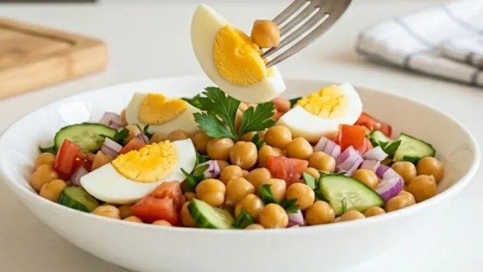Brza proteinska salata sa leblebijom i kuvanim jajima iz činije