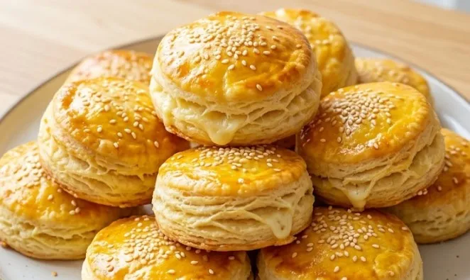 Domaće lisnate pogačice sa sitnim sirom i zlatnim susamom