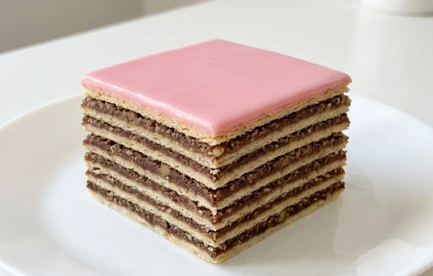 Tradicionalna domaća posna Rozen torta sa mlevenim orasima i roze glazurom