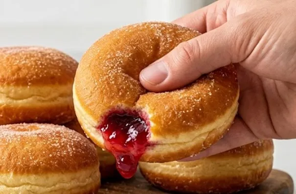 Tradicionalne domaće vazdušaste krofne punjene crvenim voćnim džemom