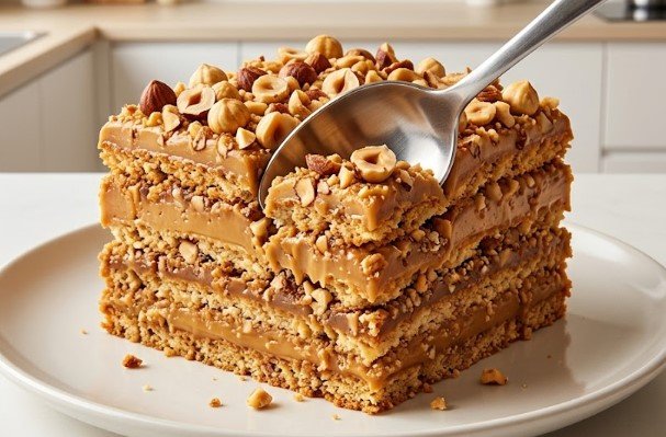Raskošna i hrskava karamel lešnik torta sa keksom bez pečenja kora