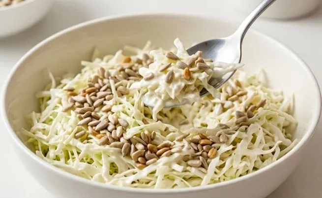 Osvežavajuća kremasta kupus salata sa hrskavim suncokretom iz činije